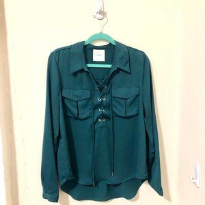 Emerald Lace-Up Long-Sleeve Blouse (M)